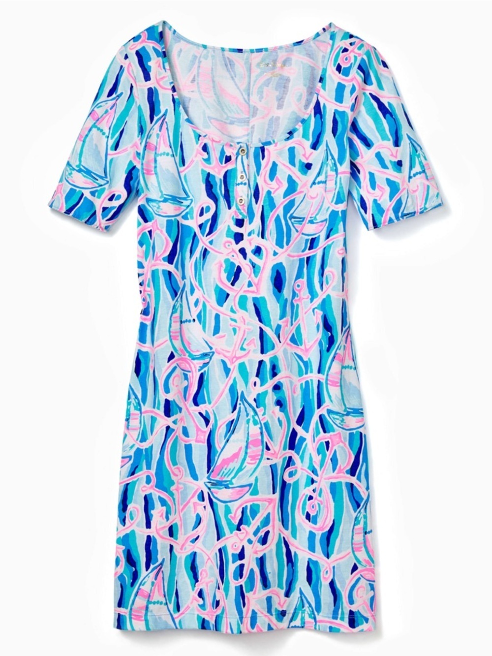 Lilly Pulitzer Gavyn Henley T-Shirt Dress Blue Pink White Size Medium Nautical